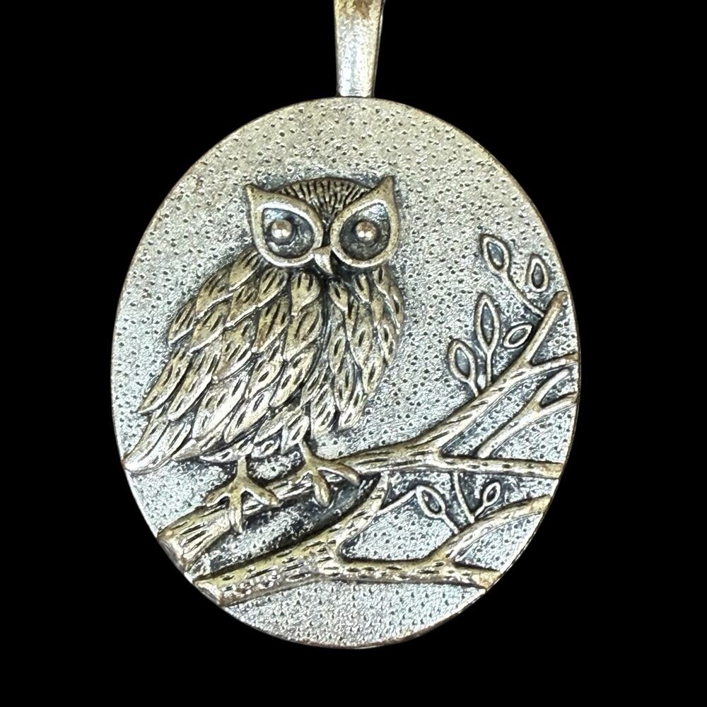 Vintage 2 Sided Owl Pendant Charm 1970s Style Silver Tone